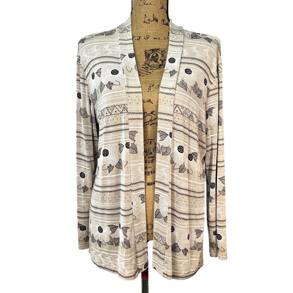 Vtg Made In Heaven Tan Open Front Cardigan Large Liquid Knit‎ Neutral Geometric